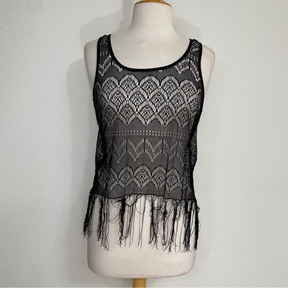 3/$25 Flying Tomato Black Nylon Lace Crochet Fringe Tank Top Size Medium Boho - Picture 1 of 13
